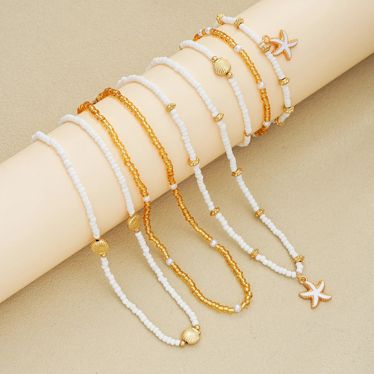 6 Teile/satz Reis Perlen Shell Seestern Anhänger Halskette Armbänder Böhmischen Elegante Gold Weiß Farbe Schmuck Set Urlaub Zubehör