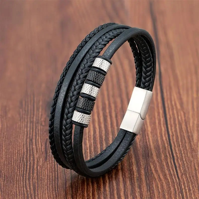 Punk Männer Leder armband mit Edelstahl Magnet verschluss geflochten mehr schicht ige Leder verpackung Armreifen Mann Schmuck Geschenk