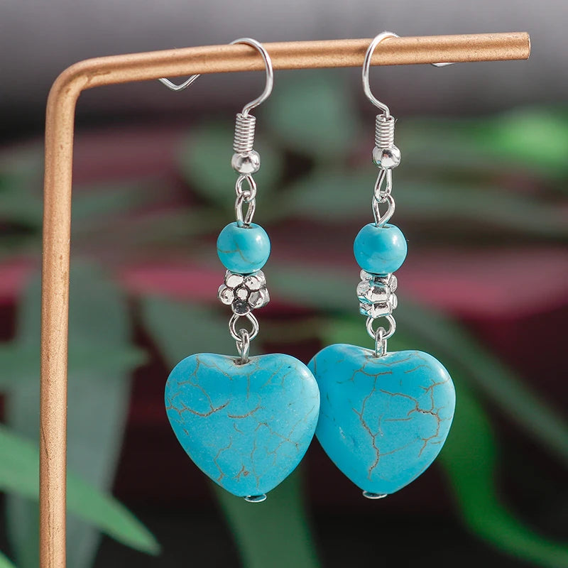Böhmische Legierung Blume Herz Tropfen Ohrringe für Frauen Türkis Stein Quaste baumeln Ohrringe Mädchen Weihnachts geschenke