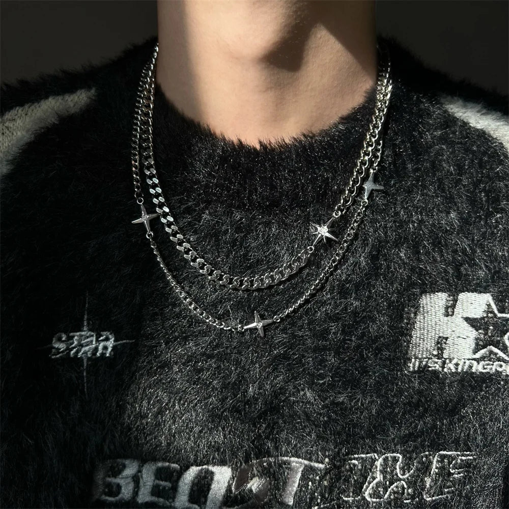 Hip Hop Doppel-schicht Stern Kreuz Halskette Für Mann Frau Titan Stahl Schlüsselbein Kette Choker Punk Männlichen Zubehör Großhandel