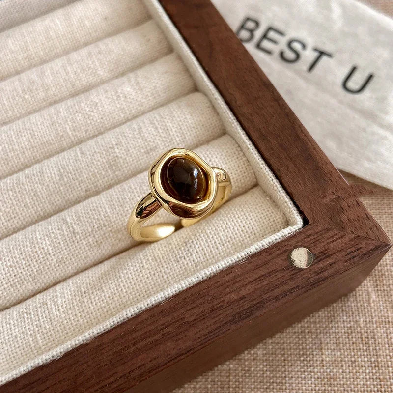 Vintage Brauner Tigerauge Stein Damenring Unregelmäßiger runder offener Ring Nischendesign Persönlichkeit Fingerringe High-End-Schmuck Geschenk