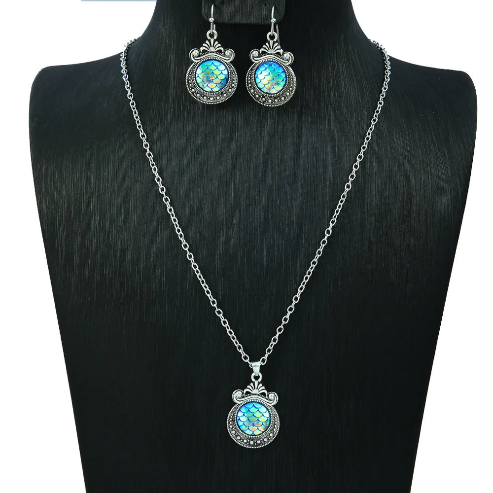 Kreative bunte Fischschuppenmuster Tropfen Halskette Ohrringe Set für Frauen Vintage ethnische geschnitzte einzigartige weibliche Schmuck Geschenk