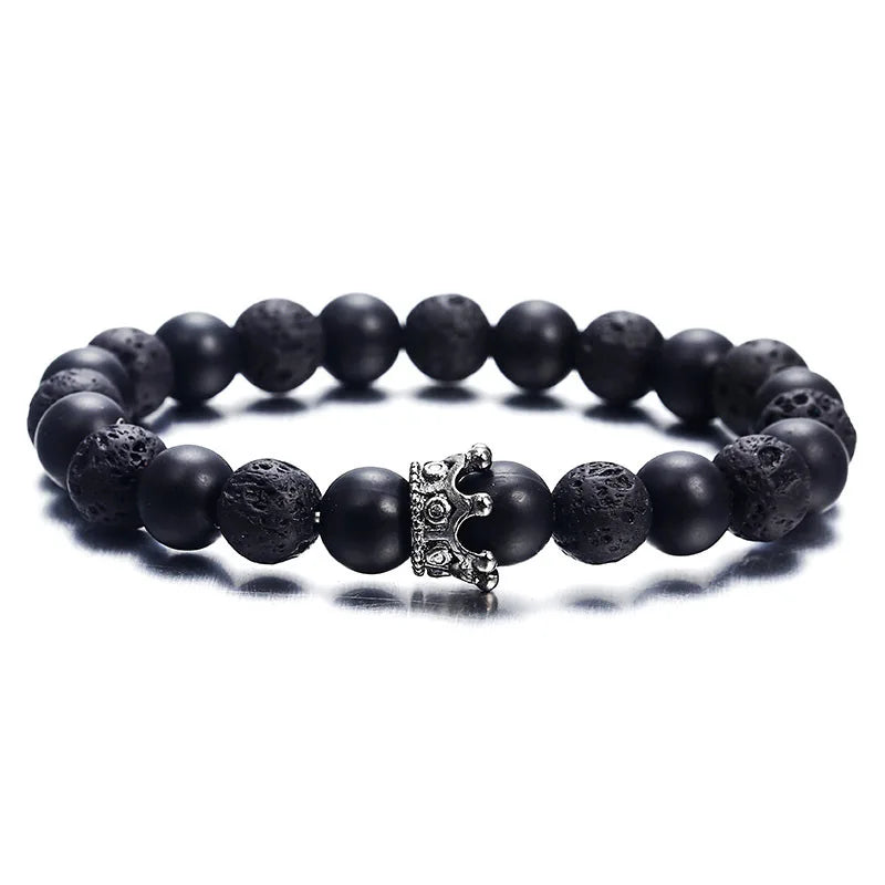 8MM Weiß Kiefer Vulkanstein Armband Elastischen Faden Eingestellt Perle Neue Vulkanstein Krone Armband Für Frauen Männer Schmuck geschenk