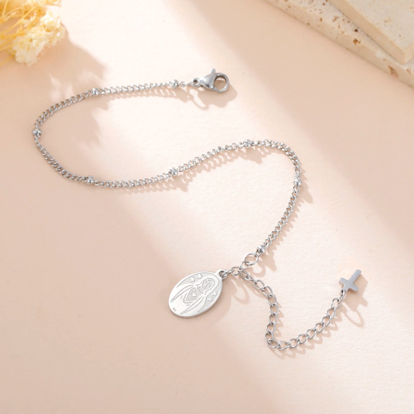Edelstahl Perlen Kreuz Jungfrau Maria Anhänger Armband Modeschmuck Armband Geschenk für Frau