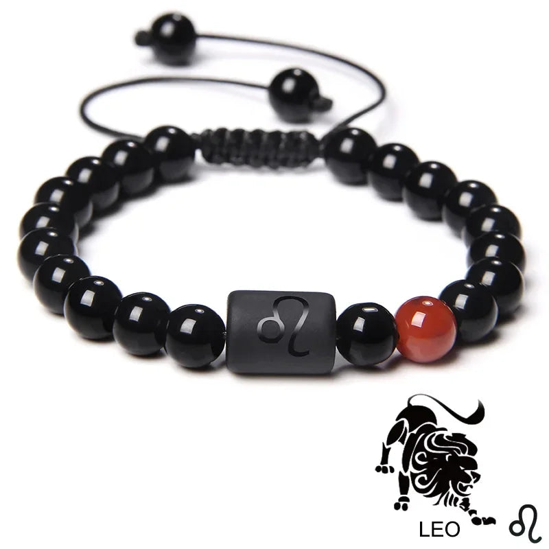 12-Sternbild-Sternzeichen-Armband, schwarze Onyx-Perlen, Krebs-Löwe, Onyx, geflochtenes Armband für Damen und Herren, Paare, Schmuck, Geschenk