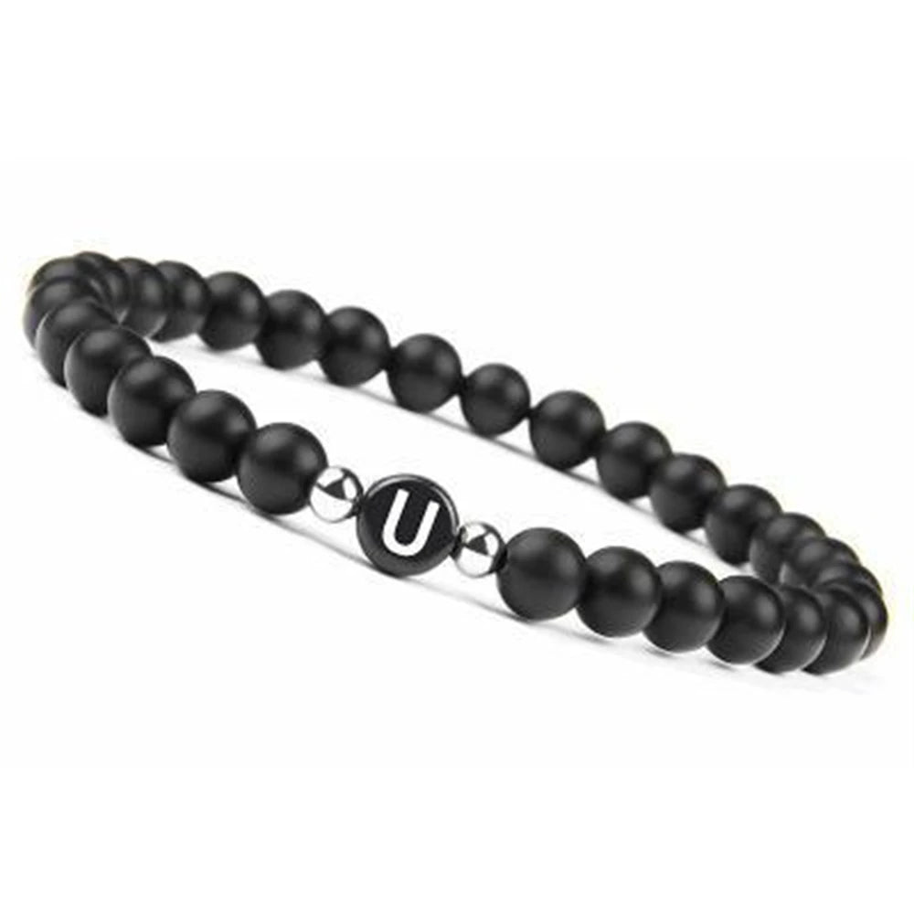 6 mm 26 Buchstaben-Armband, Unisex, schwarzer mattierter Stein, Perlen-Armreif, handgefertigt, DIY-Armband für Frauen, Männer, Paare, Freundschaftsgeschenke