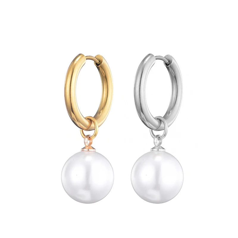 Mode Imitation Perle Anhänger Edelstahl Hoop Ohrringe Frau Runde Weiße Perlen Temperament Elegante Tropfen Baumeln Schmuck