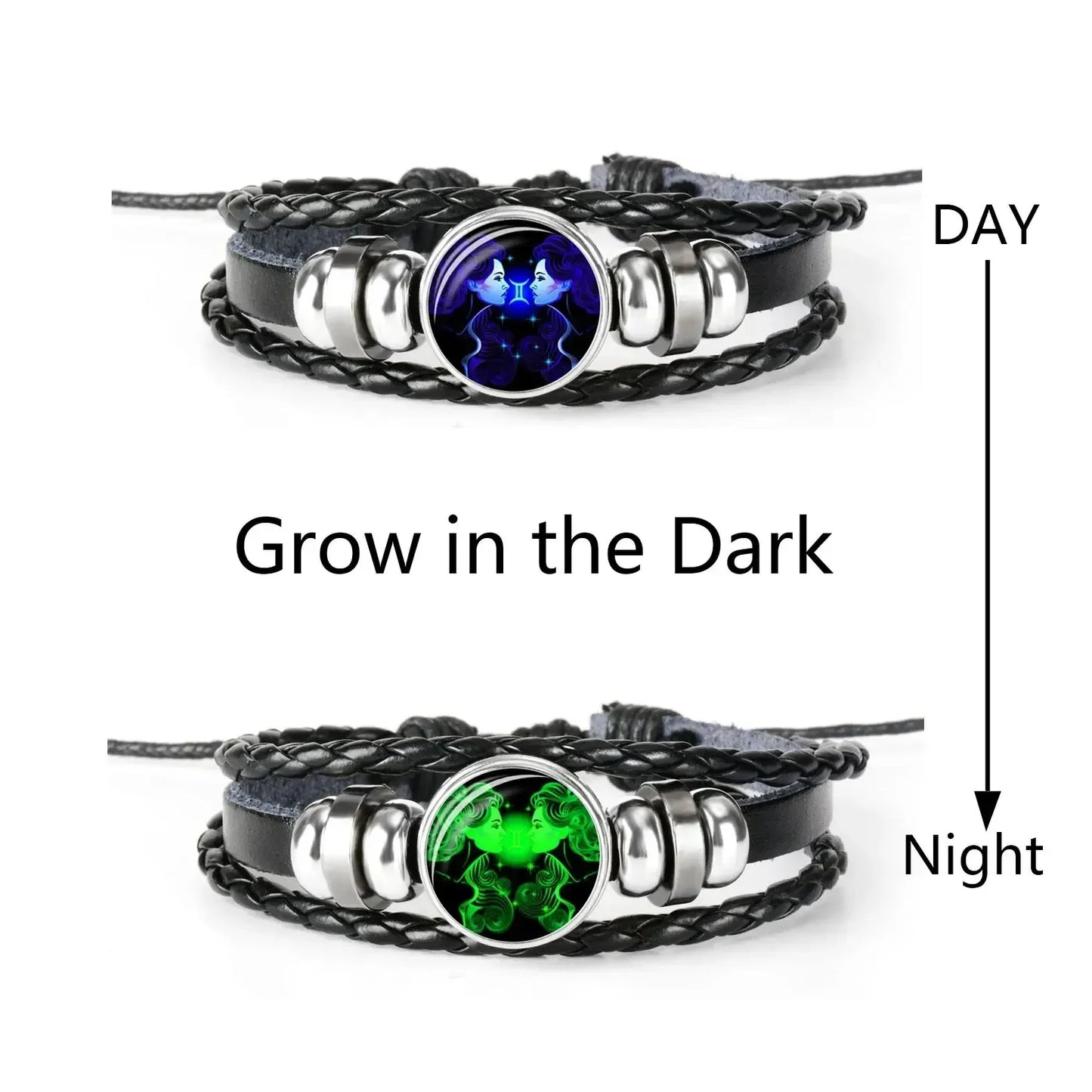 12-Sternbild-Sternzeichen, schwarzes geflochtenes Lederarmband, Krebs, Löwe, Jungfrau, Waage, gewebte Glaskuppel, Schmuck, Punk-Männerarmband