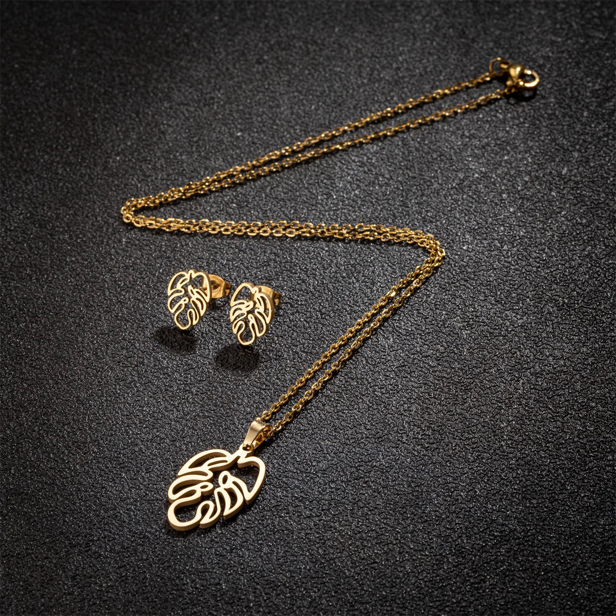Set Schmuck Edelstahl Frau Boho Vintage Monstera Blätter Blume Pflanze Diy Anhänger Charms Ohrringe Und Halskette Set