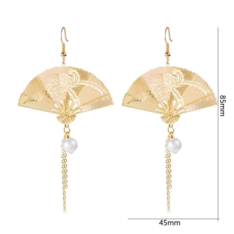 Chinesische Retro geschnitzte Phoenix faltbare Falt fächer Handing Ohrringe für Frauen ohne Piercing Moskito Coil Clip Quaste Ohrringe