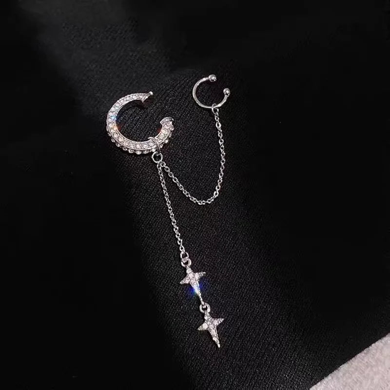 Shiny Kreuz Stern Silber Farbe Kristall Quaste Manschette Ohr Clip Ohrring Für Frauen Strass Gefälschte Knorpel Piercing Ohrring Schmuck