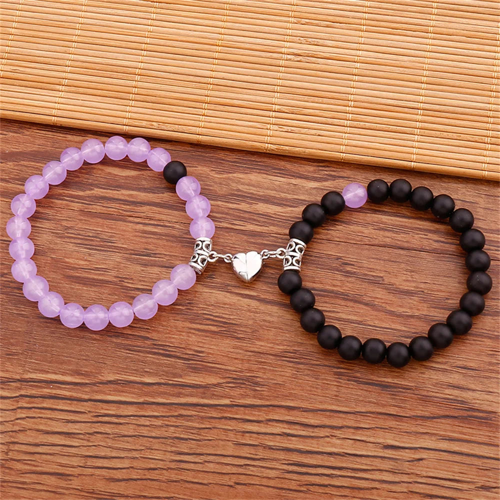 2 Teile/satz Perlen Paar Armbänder Naturstein Abstand Herz Magnet Armband Für Liebhaber Mode Liebhaber Schmuck Geschenk