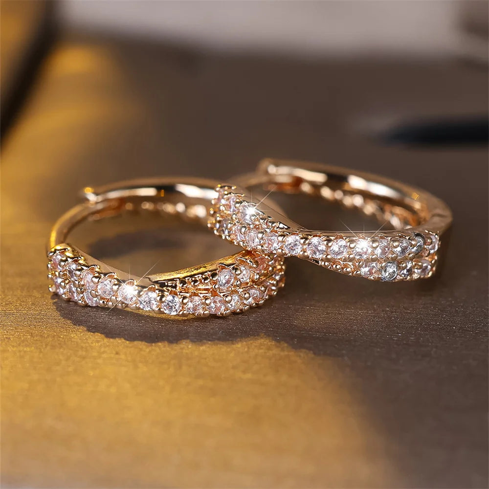 Weißer Zirkon, kleiner Stein, gekreuzte Creolen für Frauen, Vintage-Gold, Silber, Farbe, Hochzeitsschmuck, vielseitiges Accessoire