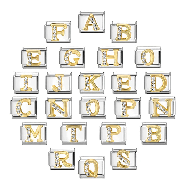 Neues modisches italienisches Armband mit 26 englischen Buchstaben, Edelstahl-Armreif, goldfarben, eingelegter Zirkonia, DIY-Herstellung von Schmuck, Geschenken