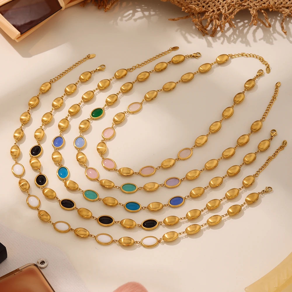 Mehrfarbige Opal-Halskette, Armband, Ohrringe für Damen, 18 Karat vergoldeter Edelstahl, Damen-Halsketten, Armbänder, Ohrringe-Set