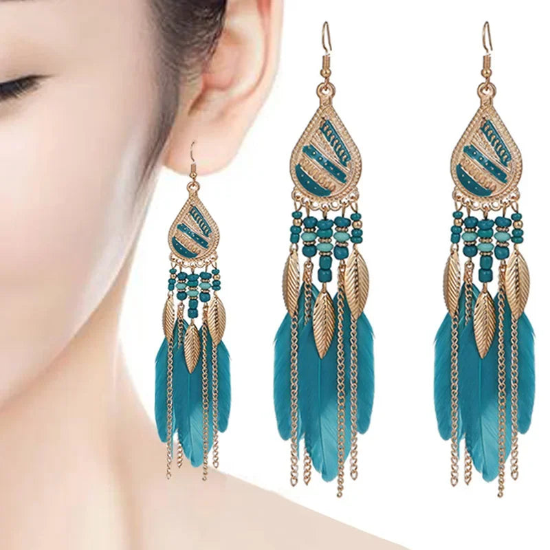 Bohemian Bunte Feder Quaste Ohrringe Für Frauen Ethnische Perlen Tropfen Aussage Hängende Ohrringe Mädchen Mode Schmuck Geschenk