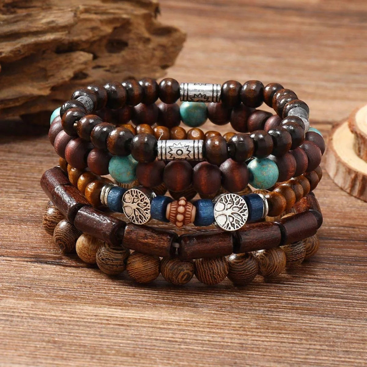 5-teiliges Set im Retro-Stil, einfach und modisch, cooles Armband, Kokosnussschalen-Armband mit Holzperlen. Geeignet für Männer/Damen/Paare Dail