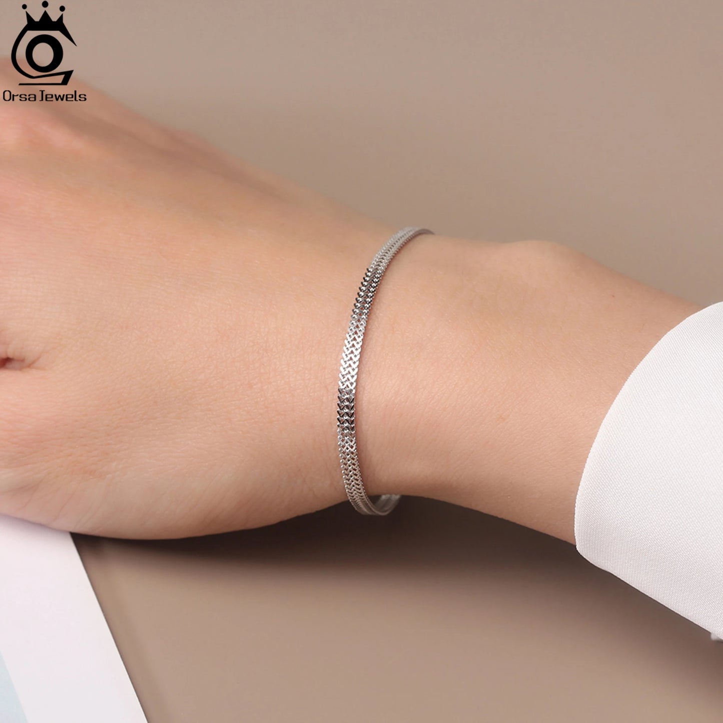 ORSA JEWELS Vintage 2,8 mm flaches Mesh-Kettenarmband S925 Silber Mehrere Größenauswahl Unisex-Stil Zubehör für Hand SB216