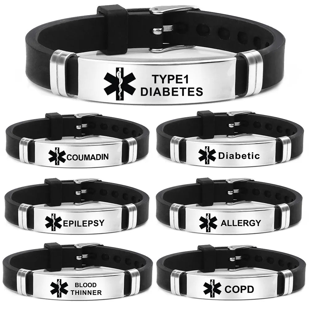 Edelstahl Gravierbare Medizinische Alarm Armbänder Diabetes Epilepsie Alzheimer Allergie Frauen Männer Silikon Armband Schmuck