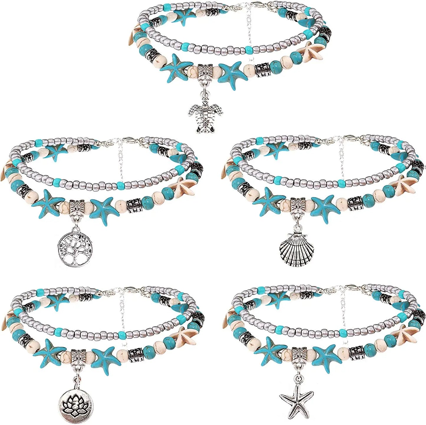 Doppel Fußkettchen Conch Starfish Sand Schildkröte Anhänger Fuß Ketten Türkis Stein Perlen Charme Strand Sommer Armband Knöchel Schmuck