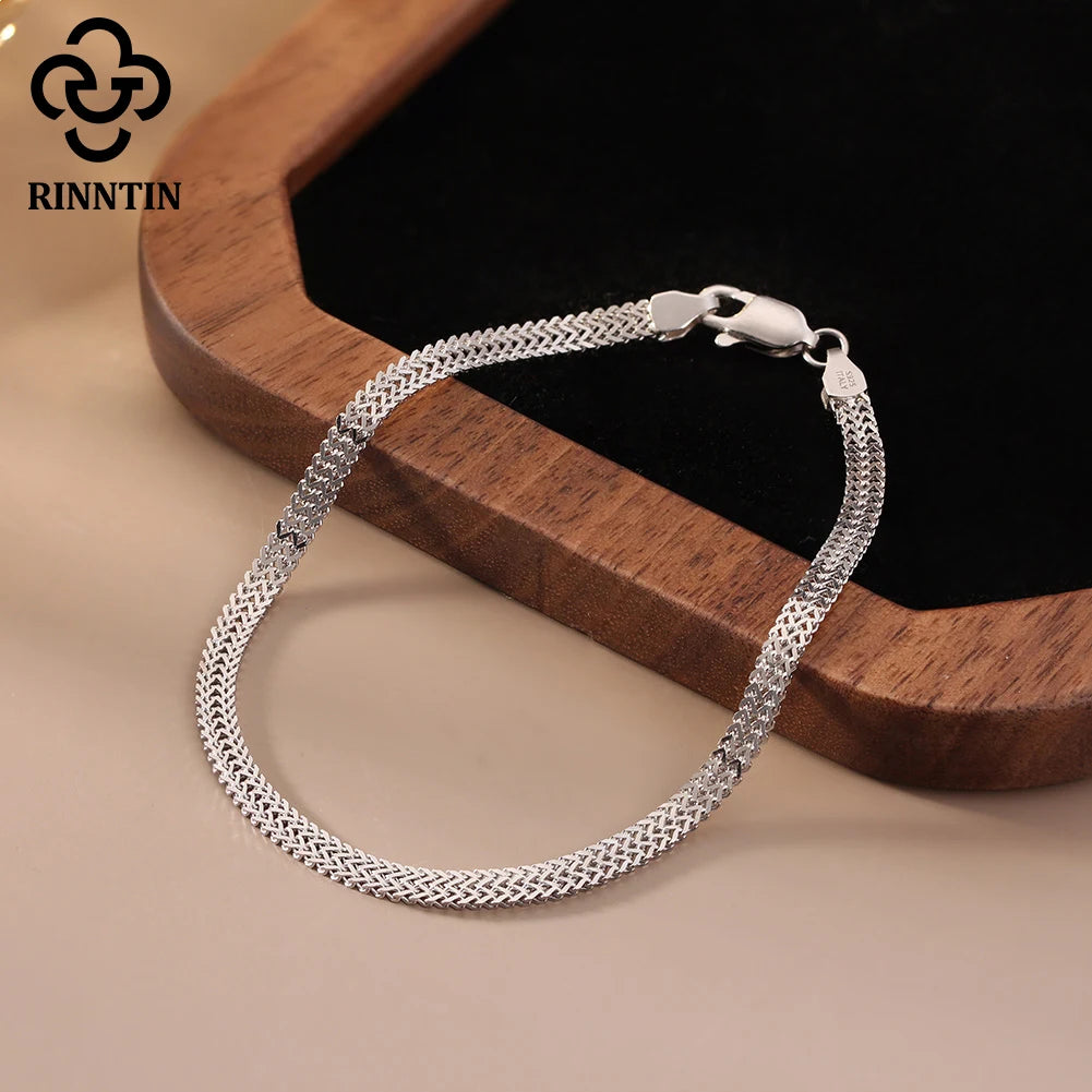 Rinntin Armbänder aus 925er-Sterlingsilber, 2,8 mm, flache Netzkette, hochwertige Armreifkette, einfache Damen- und Herren-Accessoires für den täglichen Gebrauch SB216
