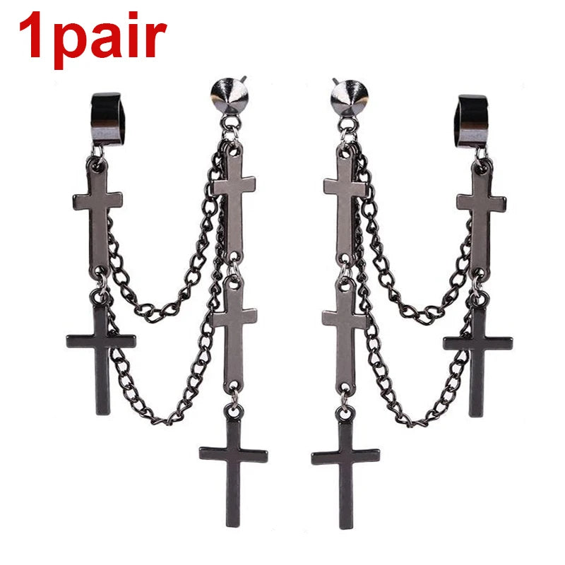 Punk Kreuz Quaste Ohrringe Frauen Integrierte Clip Stud Ohrring Christian Gothic Hip Hop Schmuck Metall Kette Ohr Ring Ohrring Männer