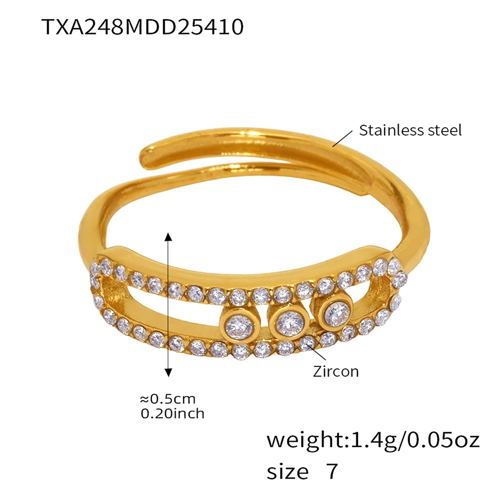 Edelstahl-Ketten-Halsketten, Ringe für Damen, 18 Karat vergoldet, mit beweglichem Zirkon-Anhänger, Halskette, passendes Ring-Schmuckset