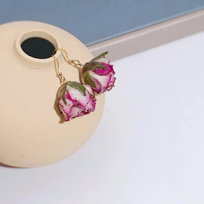 Einzigartige getrocknete Blumenohrringe, elegante natürliche Rose, Blumenperle, Quaste, lange Ohrringe, Epoxidharz, Rosenohrringe, Schmuck im Großhandel