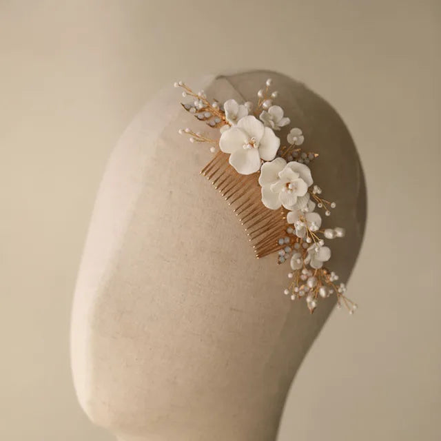 SLBRIDAL Handgemachte Luxus Strass Süßwasser Perlen Ceram Blume Braut Tiara Hochzeit Brautjungfern Krone Frauen Haar Schmuck