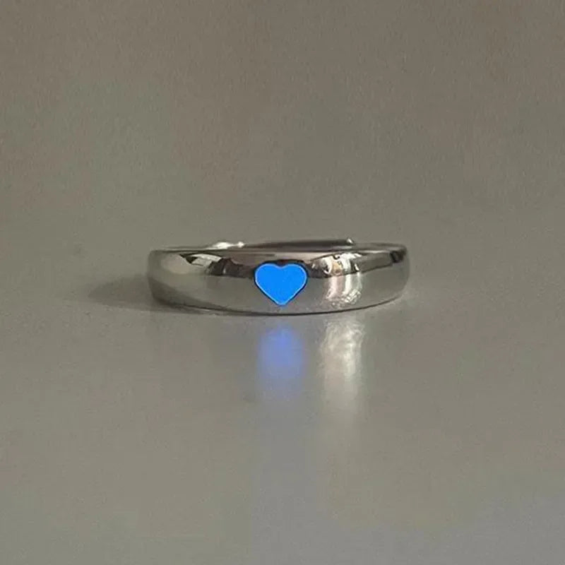 Im Dunkeln leuchtender Ring, leuchtend, blau, rosa, hell, Liebes-Herz-Ring, Paare, Mädchen, silberfarbener Schmuck, verstellbare Größe, neue modische Ringe