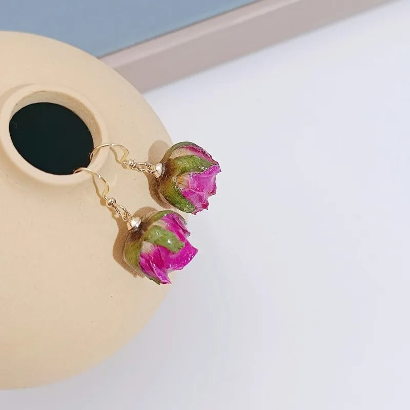 Einzigartige getrocknete Blumenohrringe, elegante natürliche Rose, Blumenperle, Quaste, lange Ohrringe, Epoxidharz, Rosenohrringe, Schmuck im Großhandel