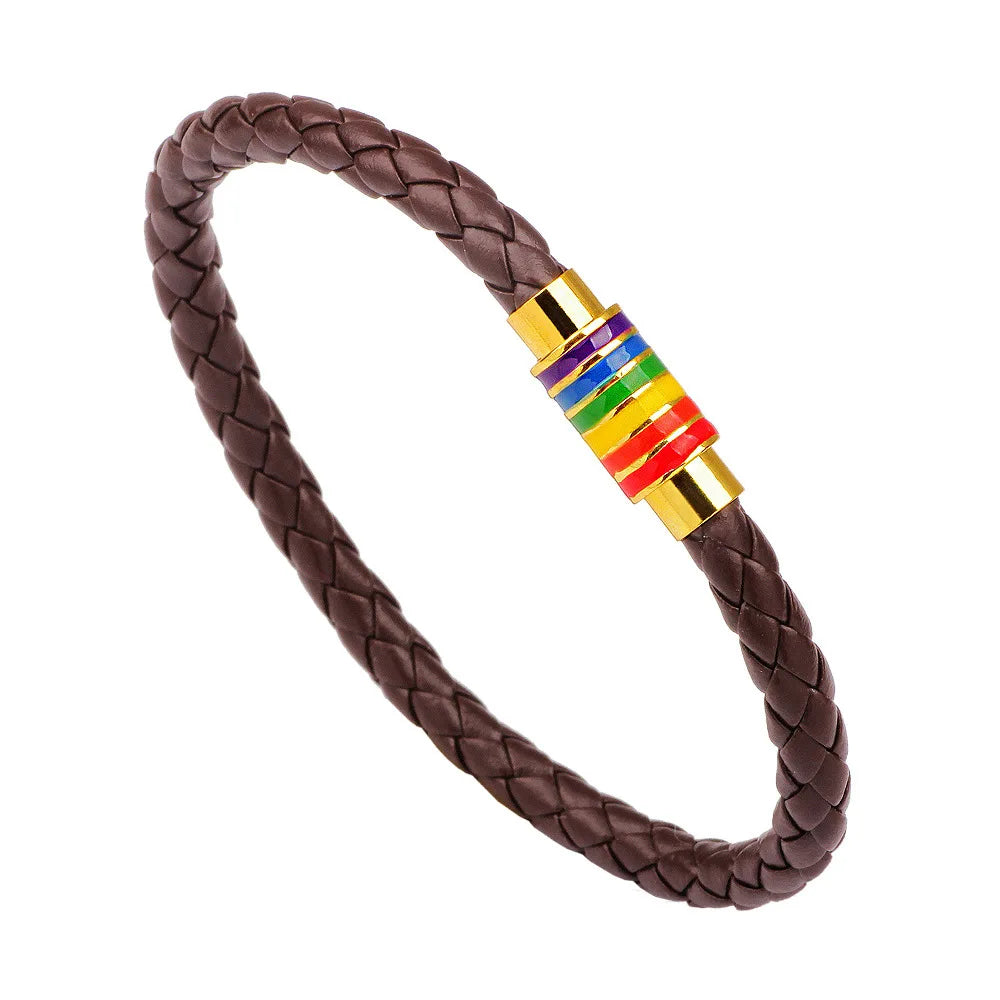 St.kunkka schwarz braun echtes geflochtenes Leder armband Frauen Männer Edelstahl Homosexuell Stolz Regenbogen Magnet Charms Armband Geschenk