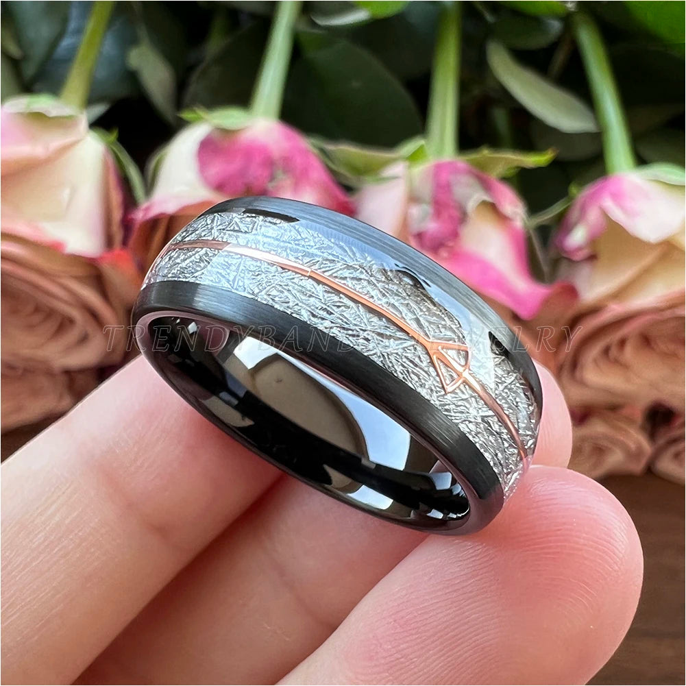 8 mm schwarzer Wolframkarbid-Ehering, Verlobungsring für Männer und Frauen, Meteorit-Pfeil-Inlay, gebürstete Oberfläche