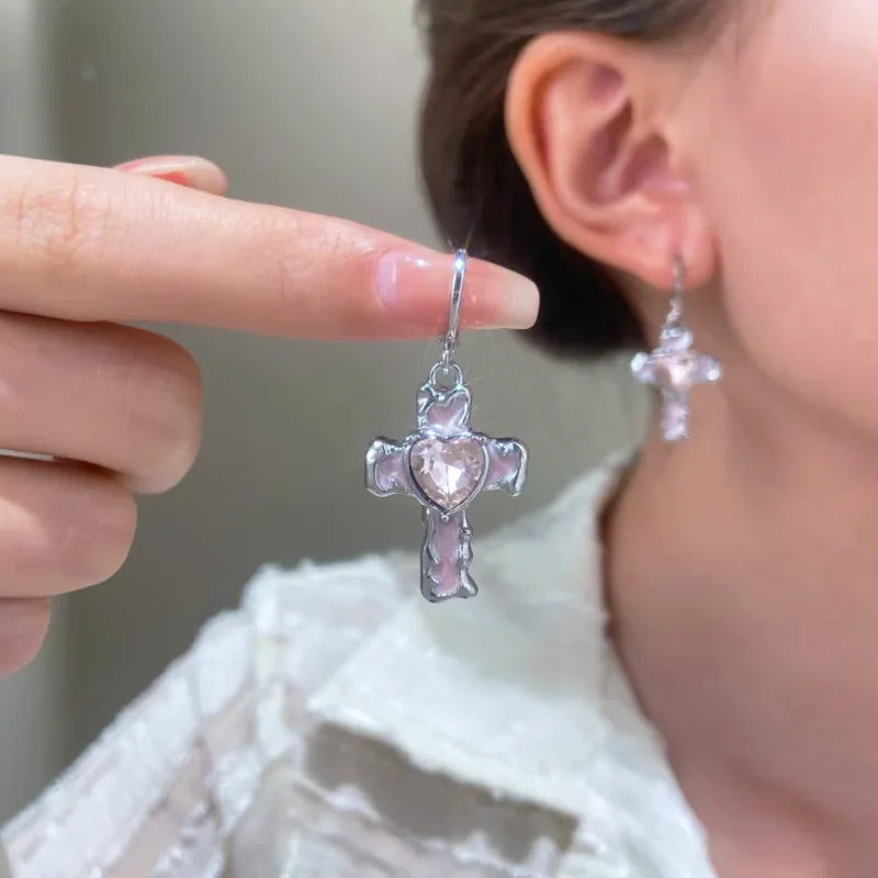 Neue Gothic Nette Harajuku Y2K Rosa Große Kreuz Anhänger Ohrringe Für Frauen Charme 2000er Jahre EMO Ästhetische Party Zubehör schmuck
