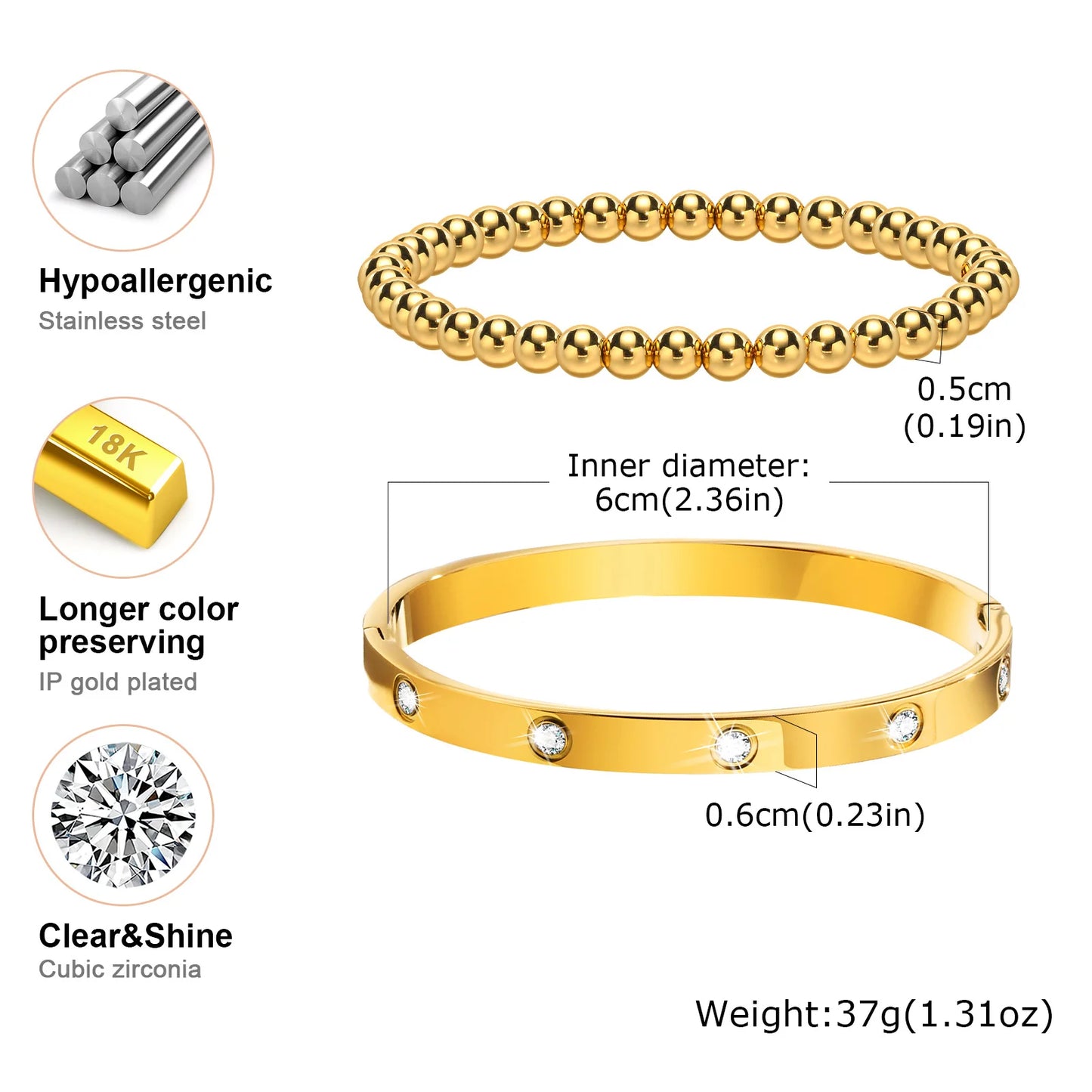 Vnox 2–8 mm Damen-Armbänder-Set, einfache gestapelte vergoldete Edelstahl-Perlen-Armbänder, glamouröse Liebesgeschenk-Manschettenarmbänder für Sie