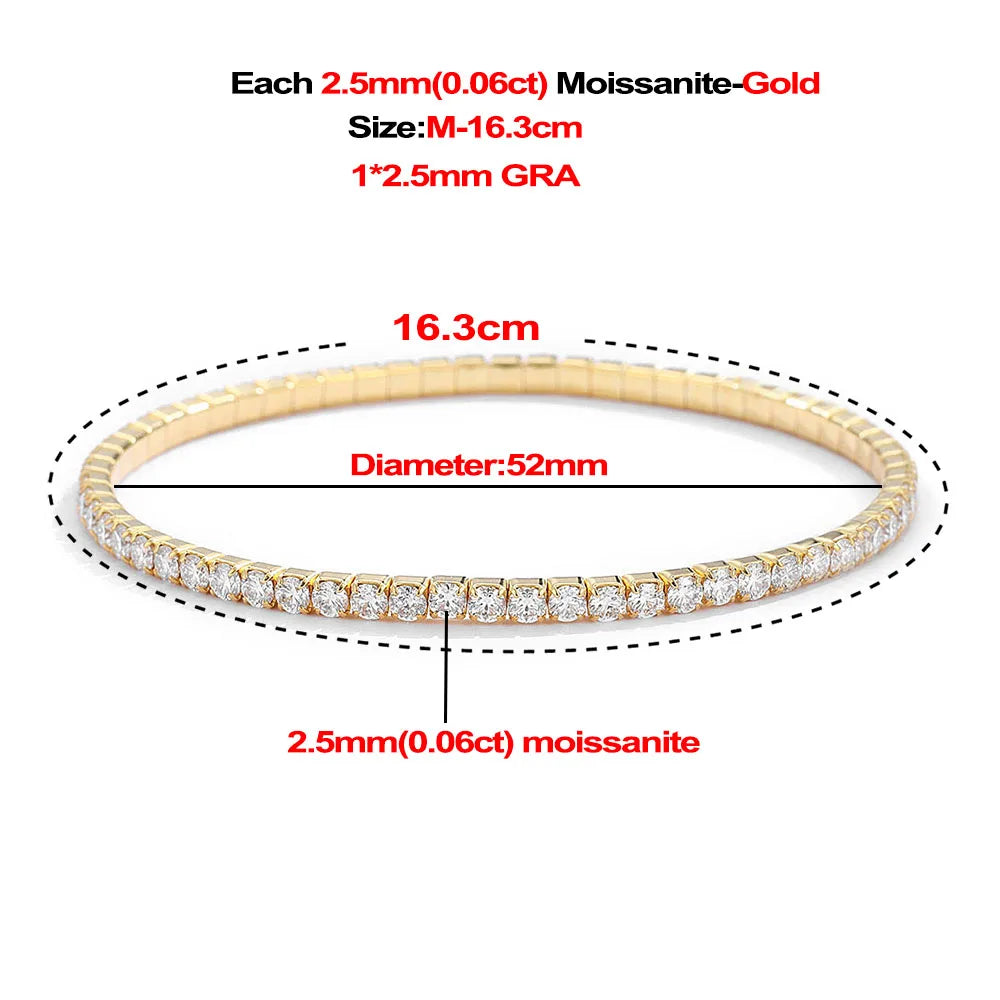 2,5/3 mm voller Moissanit-Tennisarmbänder für Damen und Herren, 925er Sterlingsilber, 18 Karat vergoldet, minimalistischer elastischer Armreif mit GRA