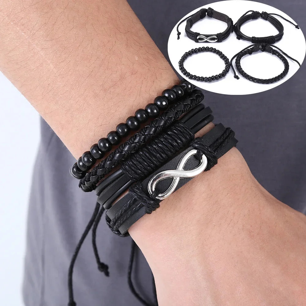 3-4 Stück Vintage Leder Armband Set für Männer Baum des Lebens Charme schwarz gewebte Seil Perlen Kette Wrap Armreif Frauen handgemachten Schmuck