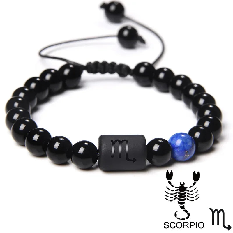 12-Sternbild-Sternzeichen-Armband, schwarze Onyx-Perlen, Krebs-Löwe, Onyx, geflochtenes Armband für Damen und Herren, Paare, Schmuck, Geschenk