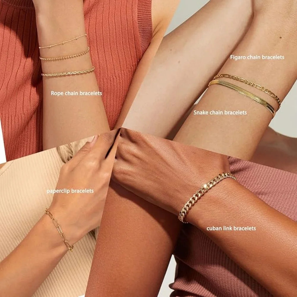 MEDFOLY Goldarmbänder für Frauen, zierlich, 14 Karat vergoldet, wasserdicht, verstellbares Glied, Figaro, kubanisches Büroklammer-Kettenarmband, Geschenke