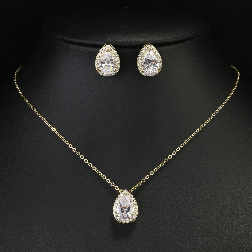 ZAKOL Klassisches Wassertropfen-Zirkonia-Hochzeitsschmuck-Set für Frauen, glänzender AAA-Kubikzirkon, Ohrringe, Halskette, Schmucksets, Geschenk