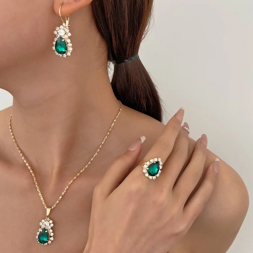Blauer Kristall Ring Halskette Ohrringe Set Hochzeit Schmuck Sets für Bräute Anhänger Ohrringe für Mädchen Frauen Afrikanische Schmuck Sets
