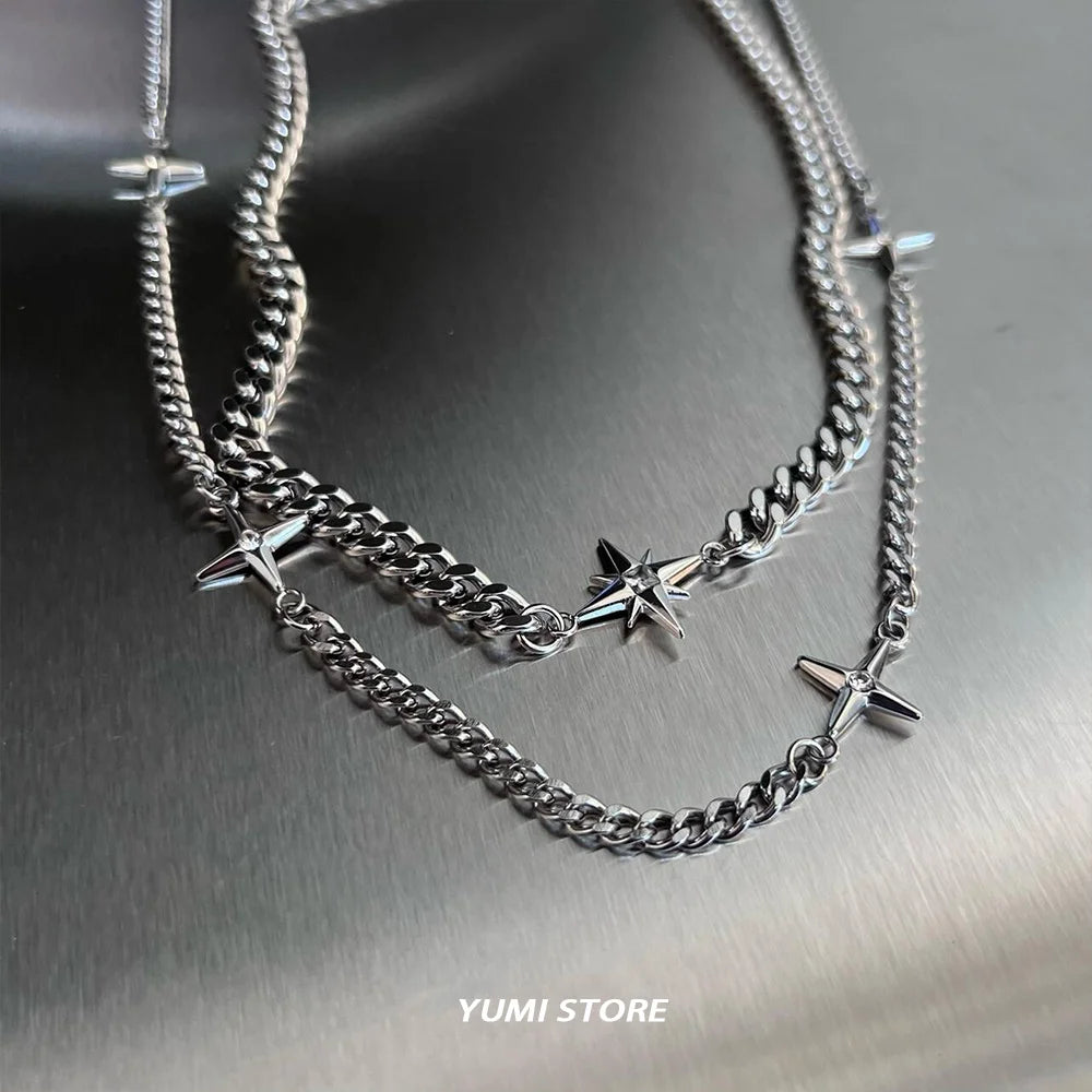 Hip Hop Doppel-schicht Stern Kreuz Halskette Für Mann Frau Titan Stahl Schlüsselbein Kette Choker Punk Männlichen Zubehör Großhandel