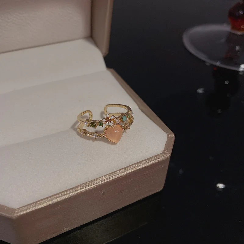Herz Offene Ringe für Frauen Korea Geometrische Kristall Mondstein Gothic Finger Ring Y2K Zubehör Trendy Ästhetischen Schmuck Geschenk