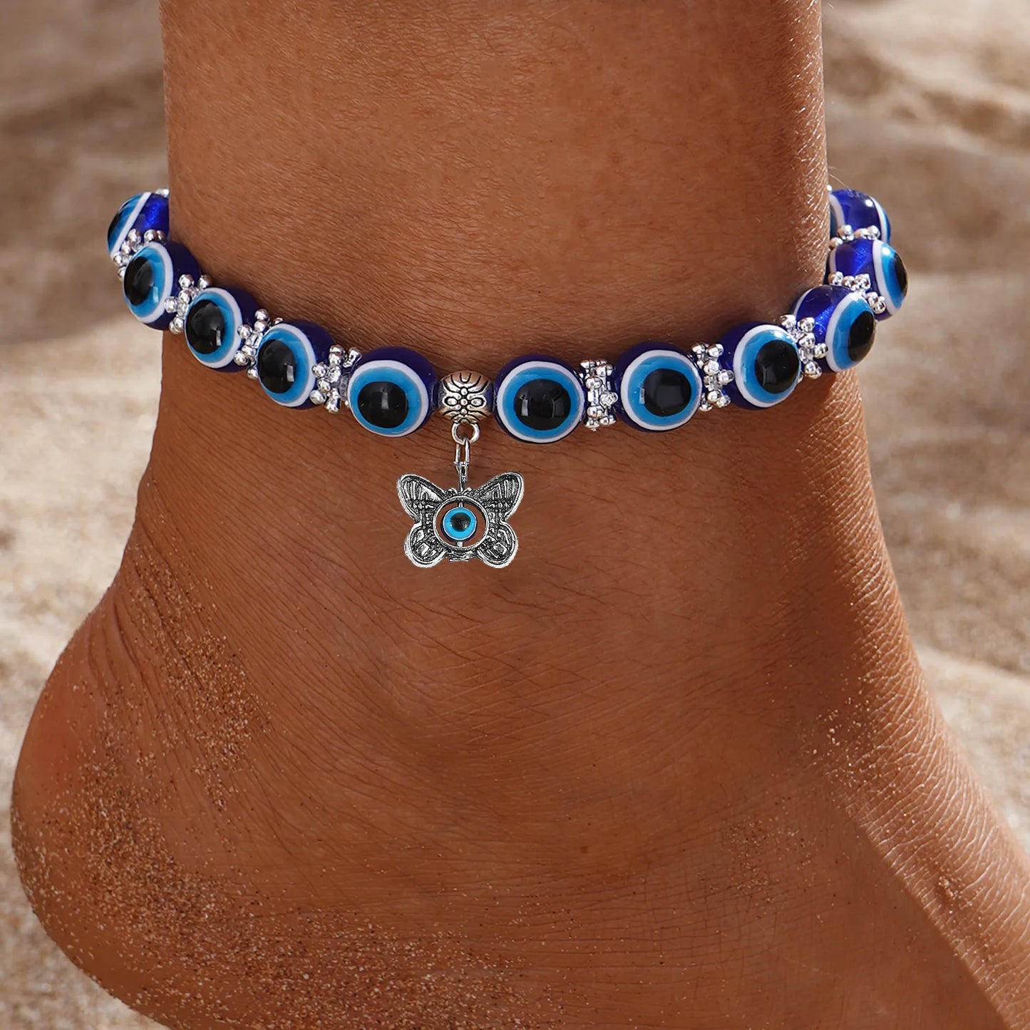 Böhmischen blauen bösen Blick Perlen Fußkettchen für Frauen Hand Schmetterling Elefant Schildkröte Eule Anhänger Knöchel Armband auf dem Bein Schmuck