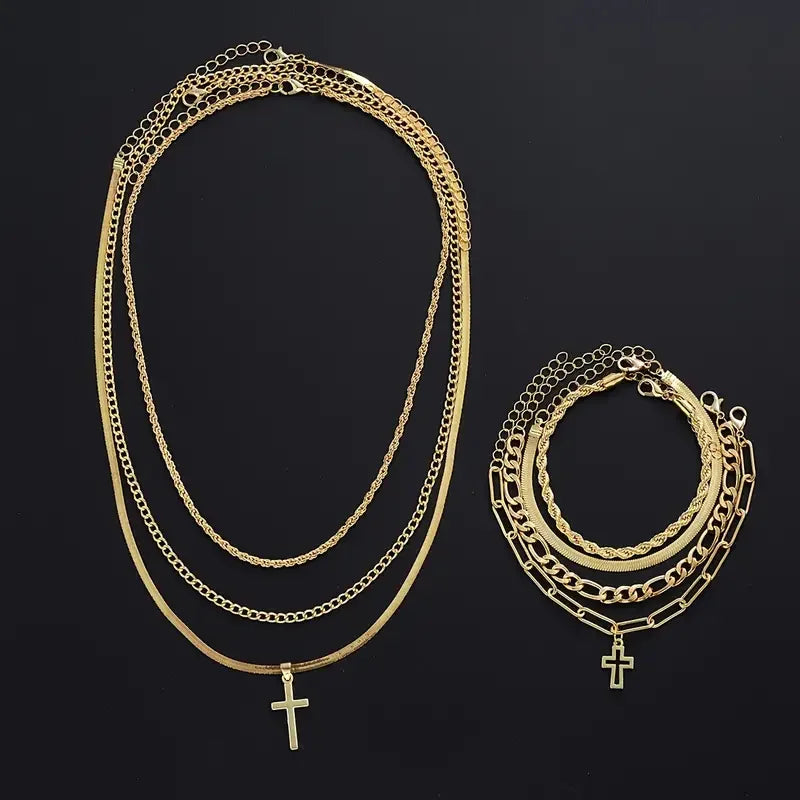 7-teiliges, elegantes, minimalistisches Kreuz-Anhänger-Schmuckset aus Edelstahl für Herren, Kette, Halskette, Armband, Schmuck für den Alltag