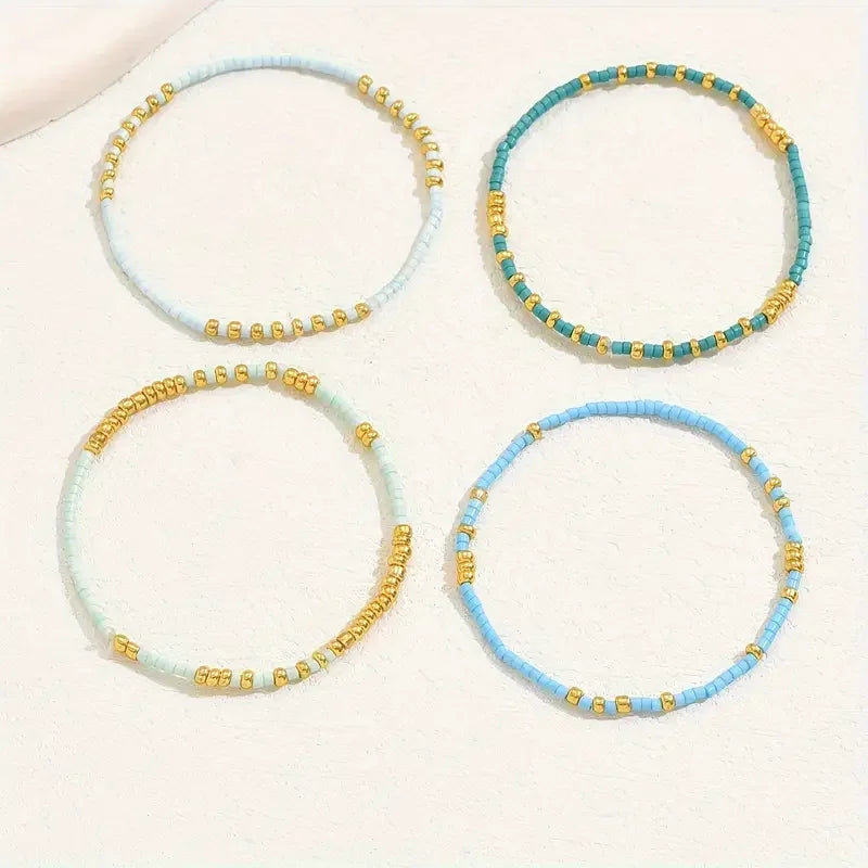 4-teiliges türkisfarbenes Rocailles-Stretch-Armband-Set, Böhmen, goldfarben, Glasperlen, elastisch, handgefertigt, für Mädchen, Urlaubsschmuck