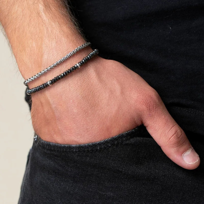 Meetvii 2PC Schwarz Abschnitt Stein Perlen Armbänder für Männer Mode Hip Hop Kette Armband Set Kombination Schmuck