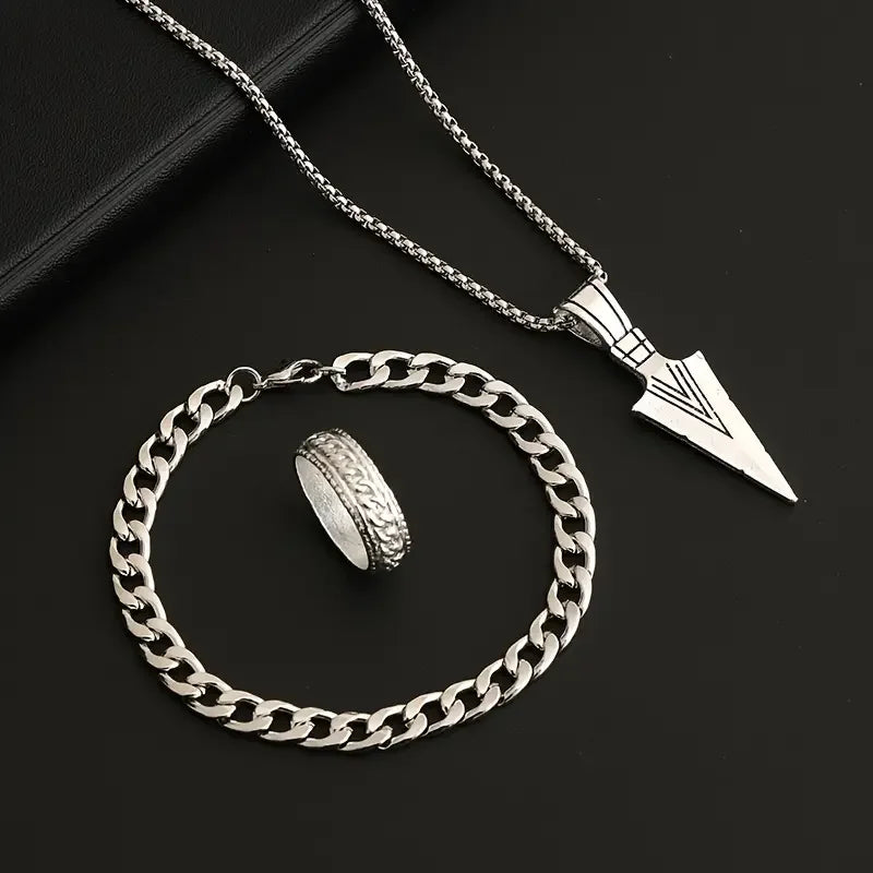 3-teiliges Set Pfeil-Schmuckset, Punk-Hip-Hop-Kette, Armband, Ring, Halskette für Damen und Herren, cooler Stil, Party-Schmuck, Geschenke
