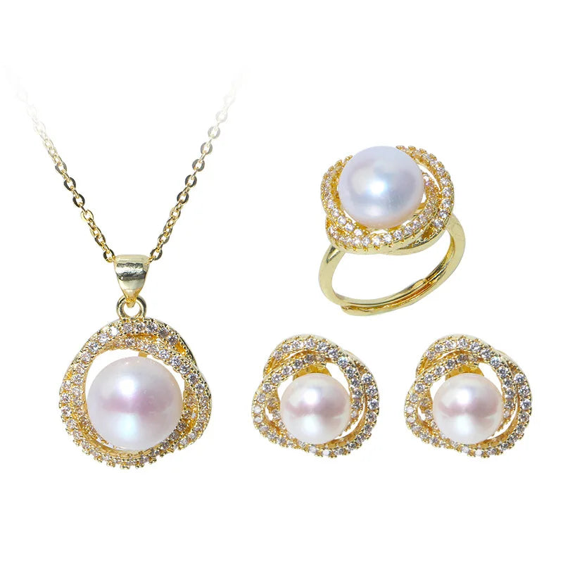 Neue eingelegte Zirkon Perle Halskette Ring Ohrringe dreiteiliges Set für Frauen stilvolle tägliche Accessoires Party Schmuck Geburtstags geschenke