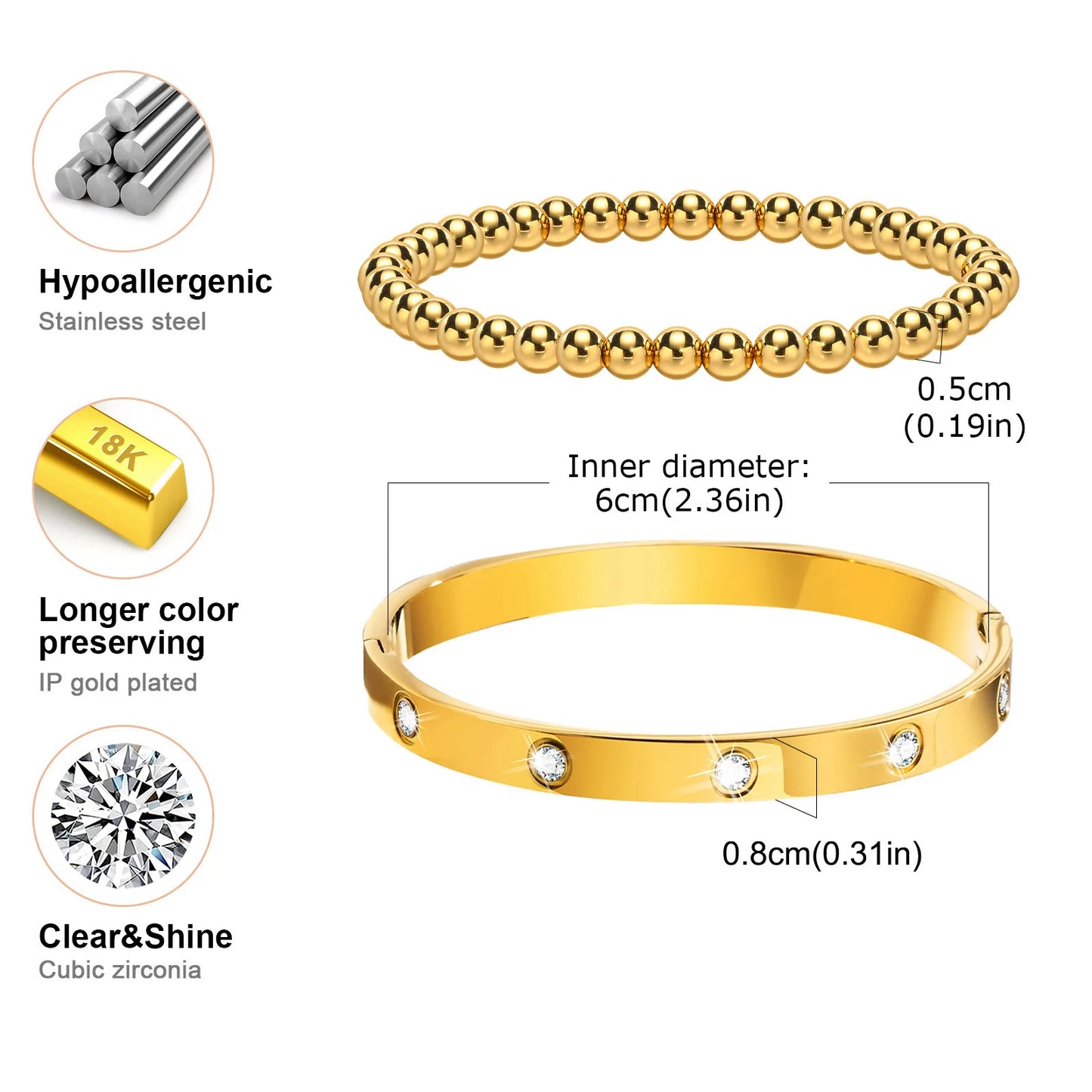 Vnox 2–8 mm Damen-Armbänder-Set, einfache gestapelte vergoldete Edelstahl-Perlen-Armbänder, glamouröse Liebesgeschenk-Manschettenarmbänder für Sie